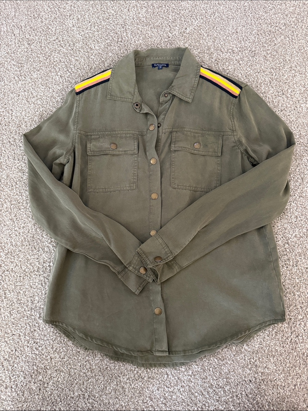 Splendid Olive Green Button-Down Shirt with Yellow & Black Shoulder Stripes